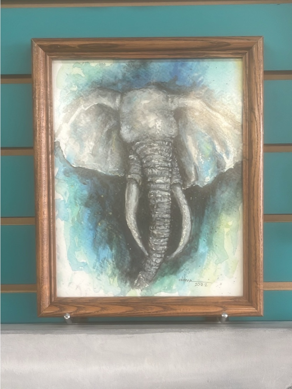 Framed 8x10 Elephant Original Watercolor Painting - Blue & Gray Palette by Donna